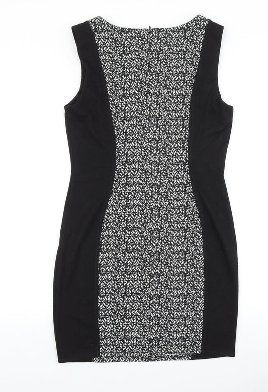 NEXT Womens Black Geometric Viscose A-Line Size 10 Boat Neck Zip