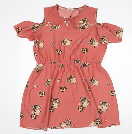 Peacocks Womens Pink Floral Polyester Fit & Flare Size 16 Round Neck Tie - Cold Shoulder