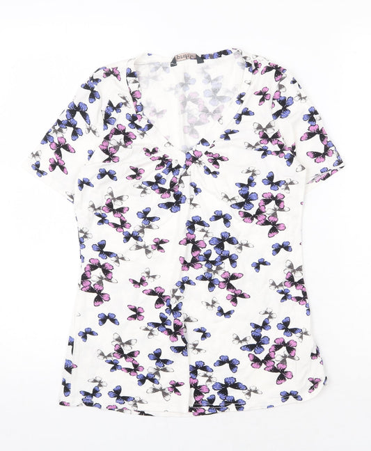 BHS Womens White Geometric Viscose Basic T-Shirt Size 8 V-Neck - Butterfly