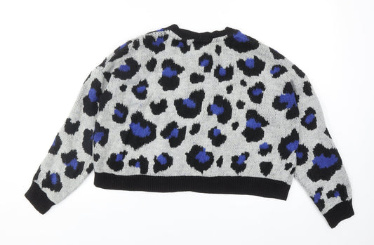 Primark Womens Grey Round Neck Animal Print Acrylic Pullover Jumper Size 2XS