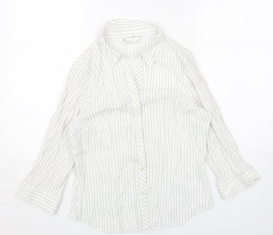 BHS Womens White Striped Polyester Basic Button-Up Size 12 Collared