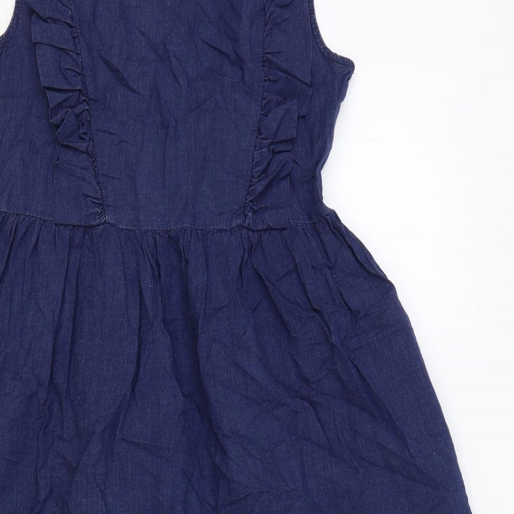 Monsoon Womens Blue Herringbone 100% Cotton Fit & Flare Size 8 V-Neck Button