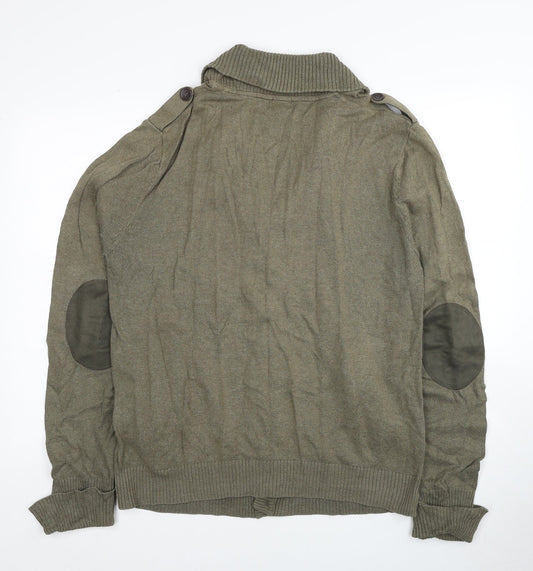 H&M Mens Green V-Neck Cotton Cardigan Jumper Size L - Elbow Patches