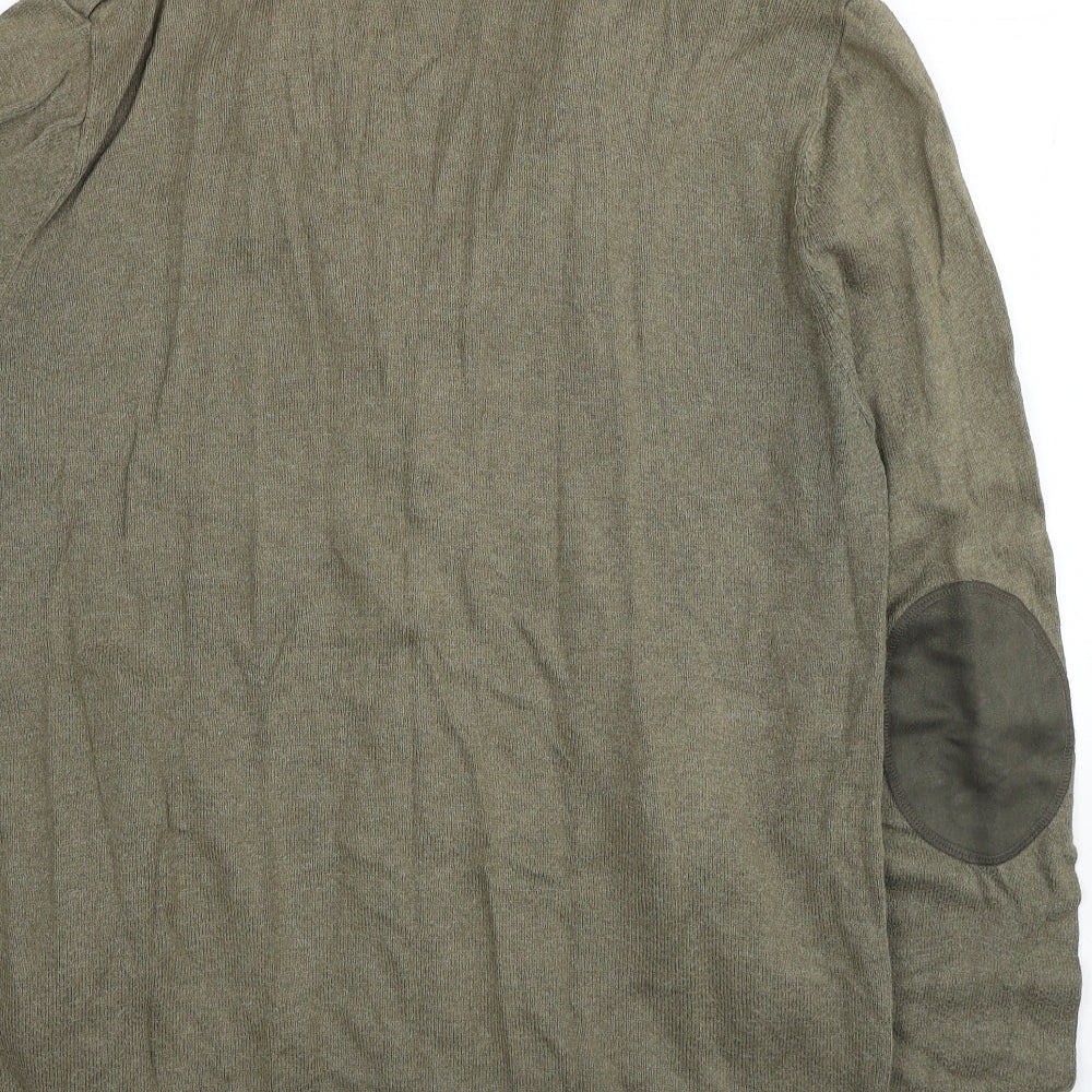 H&M Mens Green V-Neck Cotton Cardigan Jumper Size L - Elbow Patches