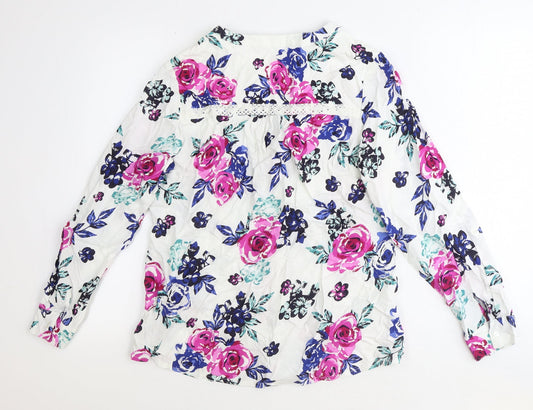 Bonmarché Womens White Floral Viscose Basic Button-Up Size 12 V-Neck