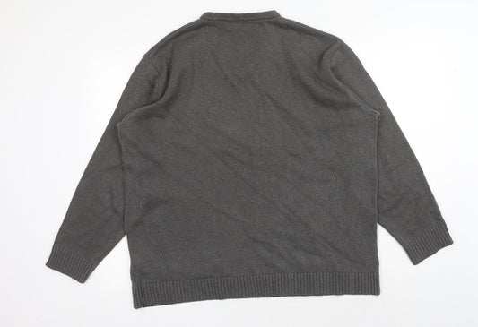 EWM Mens Grey V-Neck Cotton Pullover Jumper Size L