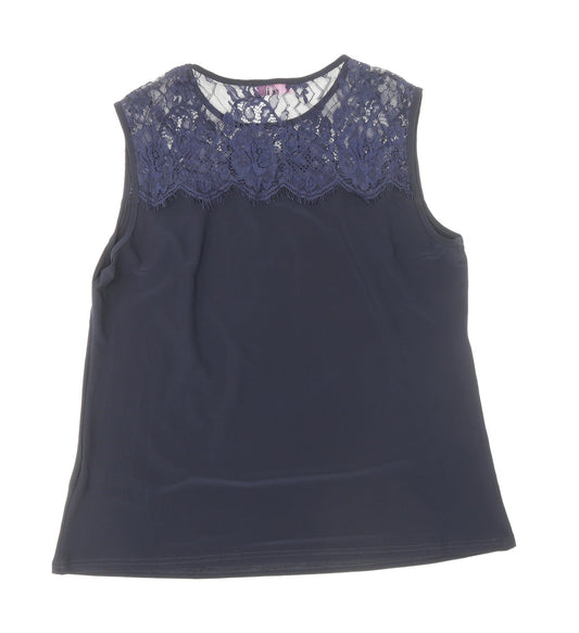 Julipa Womens Blue Floral Polyamide Basic Tank Size 16 Round Neck