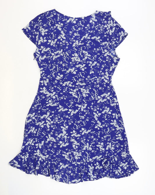 Quiz Womens Blue Floral Polyester Wrap Dress Size 10 V-Neck Zip