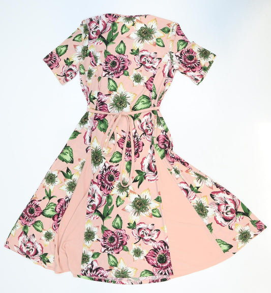 Nina Leonard Womens Pink Floral Polyester Fit & Flare Size XS Round Neck Tie