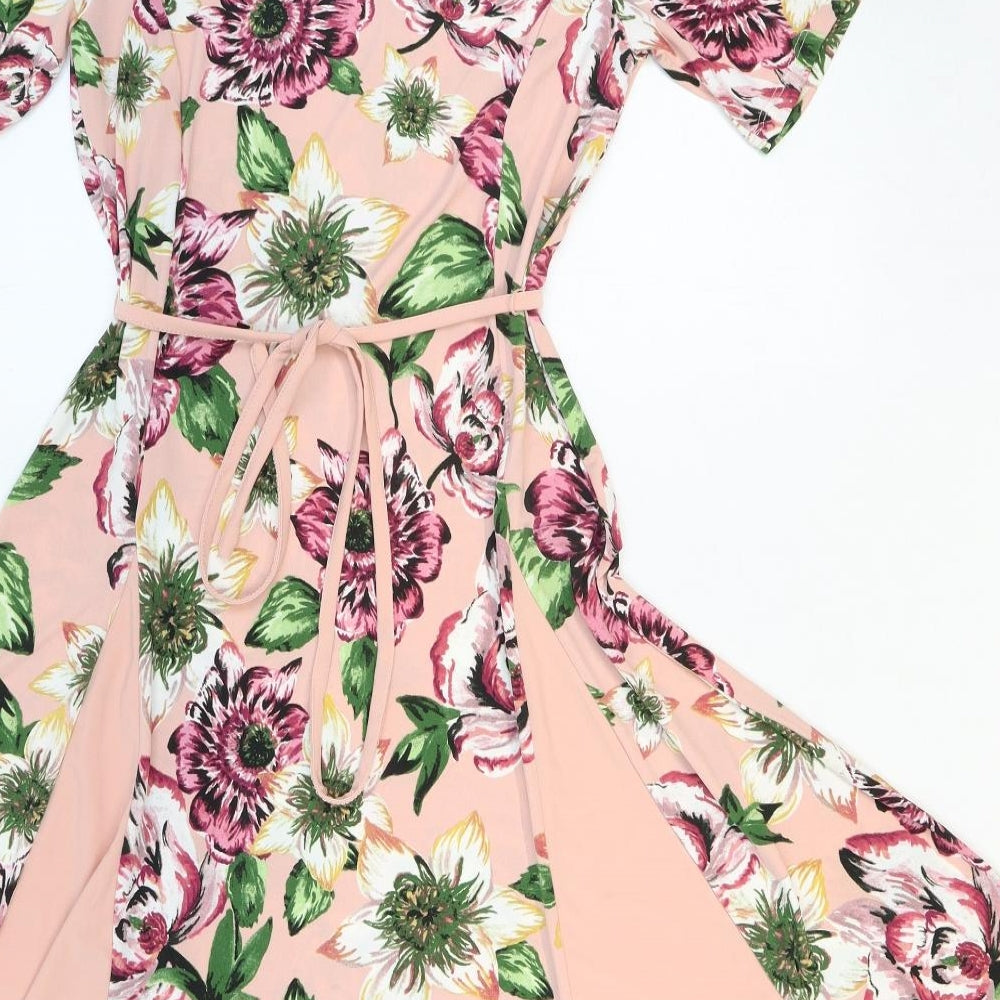 Nina Leonard Womens Pink Floral Polyester Fit & Flare Size XS Round Neck Tie