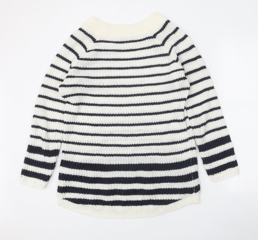 TU Womens White Boat Neck Striped Acrylic Pullover Jumper Size 14