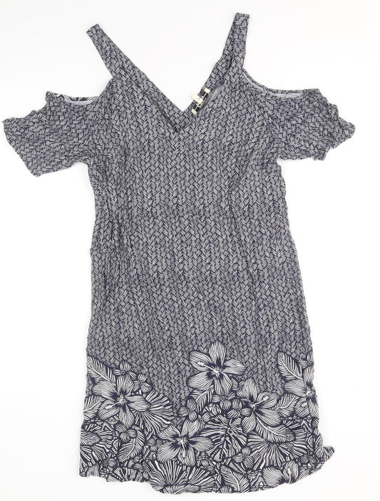 Papaya Womens Blue Floral Viscose A-Line Size 10 V-Neck Pullover