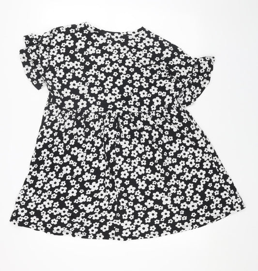 New Look Womens Black Floral Cotton Trapeze & Swing Size 10 Boat Neck Pullover