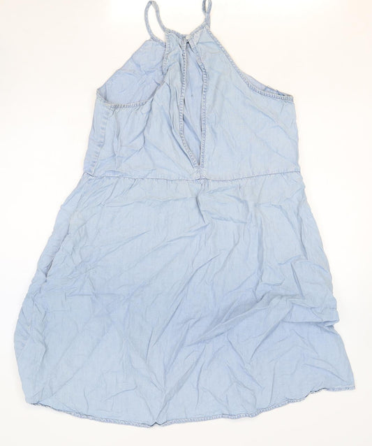 Mango Womens Blue Lyocell Fit & Flare Size M Round Neck Button