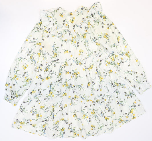 Nasty Gal Womens White Floral Polyester Trapeze & Swing Size M Round Neck Zip