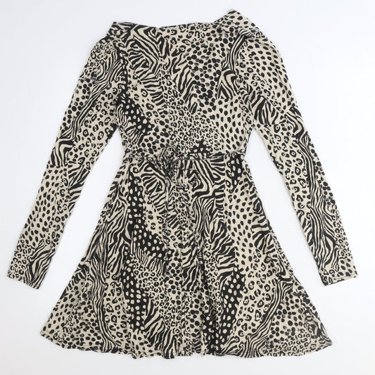 Missguided Womens Beige Animal Print Viscose A-Line Size 6 V-Neck Tie