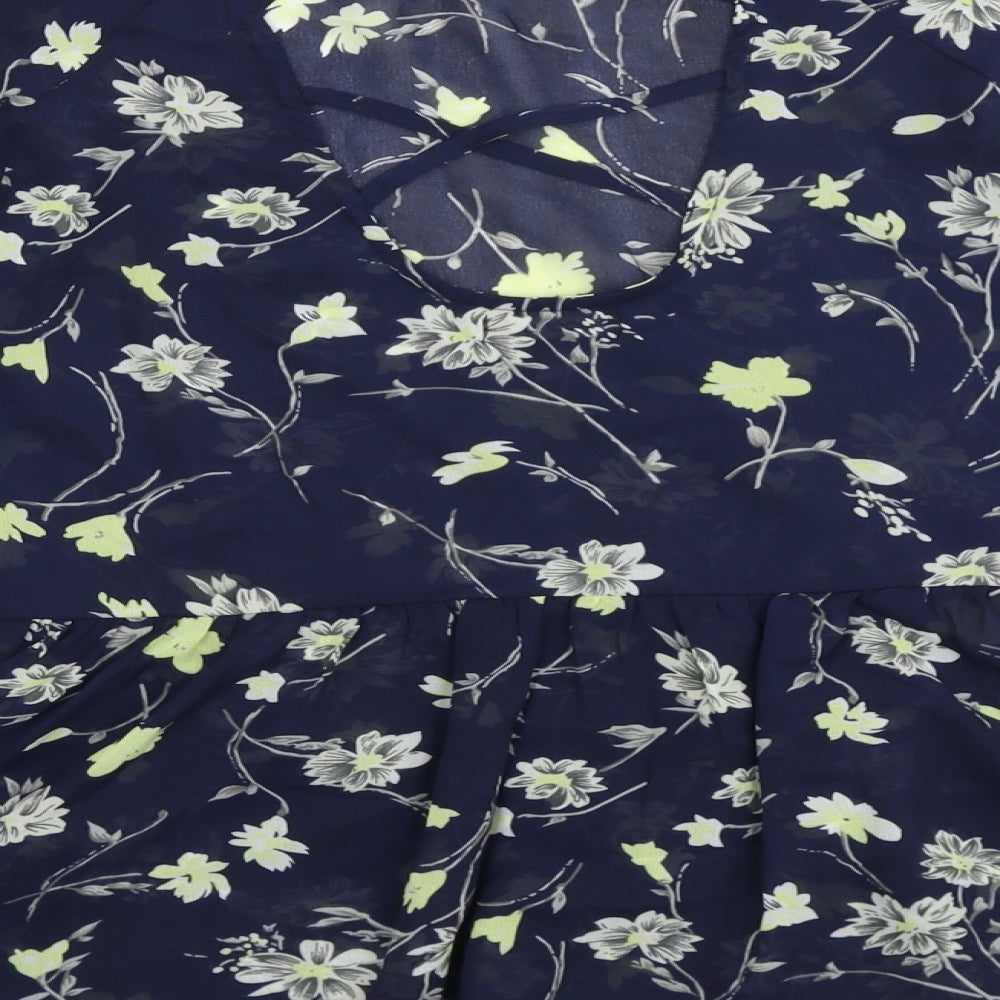 Boohoo Womens Blue Floral Polyester Basic Blouse Size 8 V-Neck