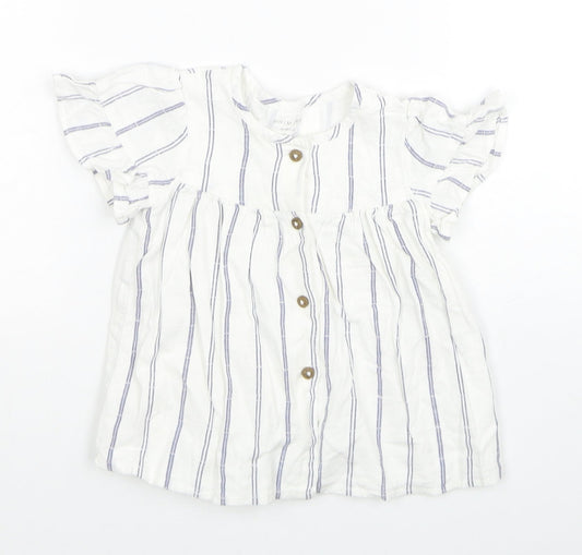 Primark Girls White Striped Cotton Shirt Dress Size 12-18 Months Round Neck Button