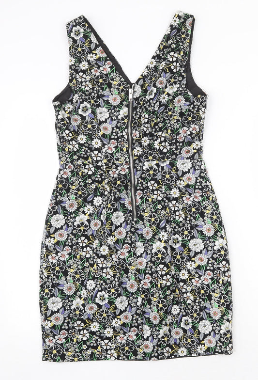 New Look Womens Black Floral 100% Cotton Mini Size 10 V-Neck Zip