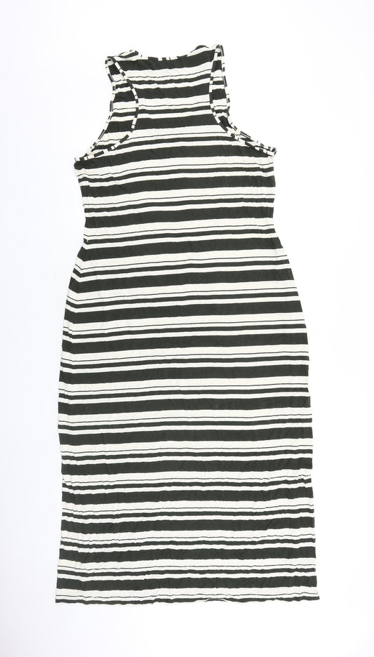 Cynthia Rowley Womens Black Striped Viscose Tank Dress Size XL V-Neck Pullover