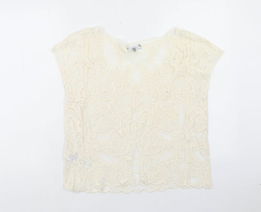 New Look Womens Ivory Floral Nylon Basic Blouse Size M Boat Neck