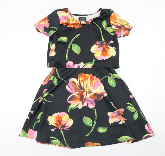 Club L Womens Black Floral Polyester Fit & Flare Size L Scoop Neck Pullover - Overlay