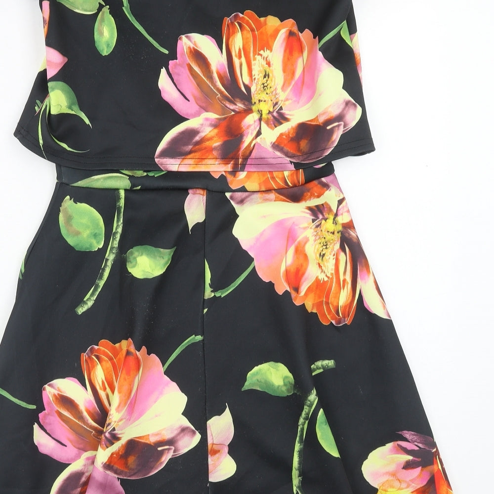 Club L Womens Black Floral Polyester Fit & Flare Size L Scoop Neck Pullover - Overlay