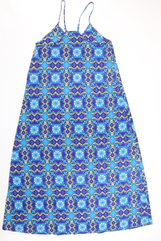 Topshop Womens Blue Geometric Polyester Slip Dress Size M V-Neck Pullover
