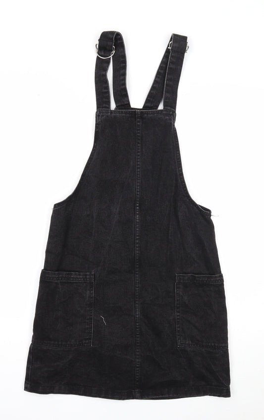 Denim & Co. Womens Black Cotton Pinafore/Dungaree Dress Size 8 Square Neck Button