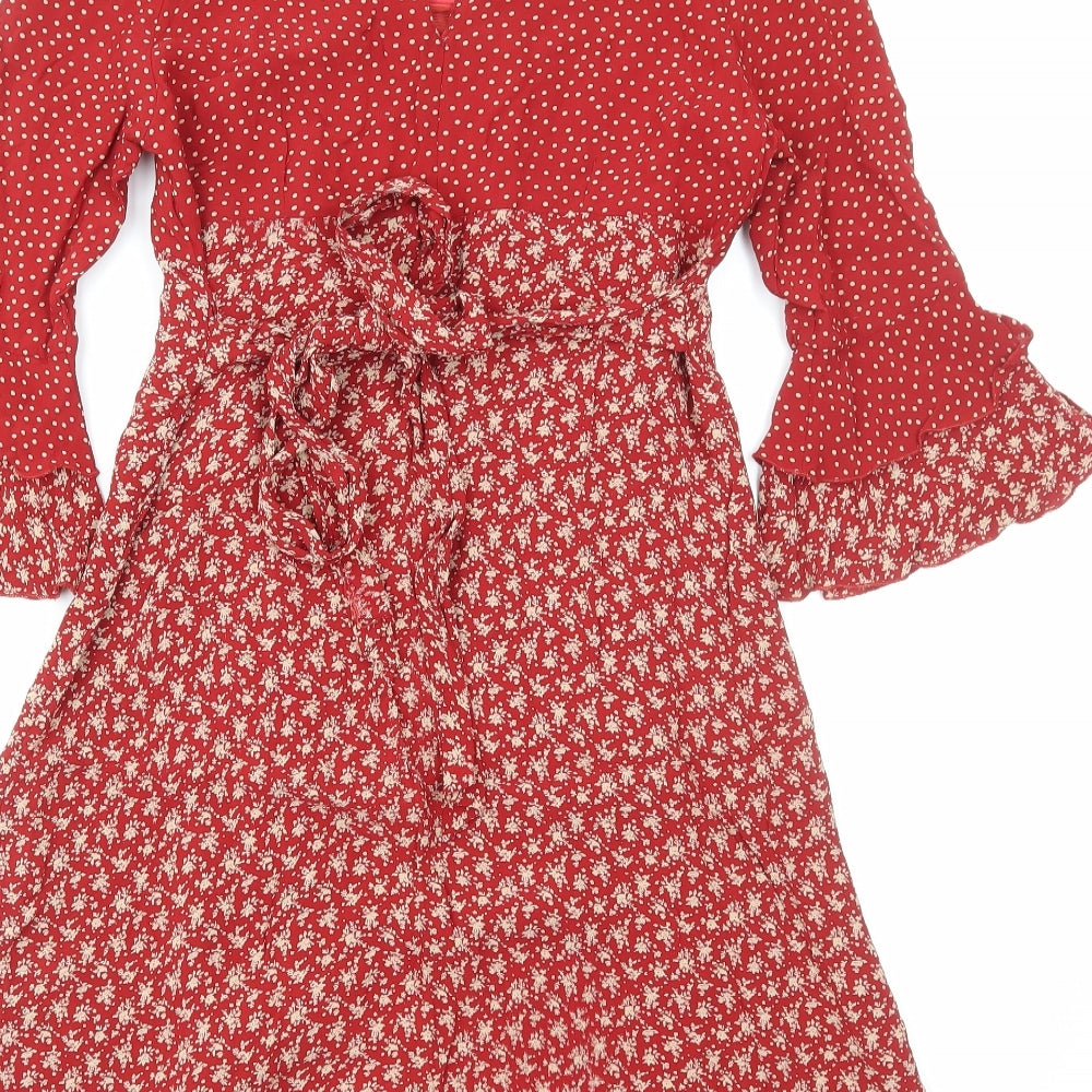 Antoine Lili Womens Red Floral Polyester Fit & Flare Size 8 Boat Neck Pullover - Flute Sleeves