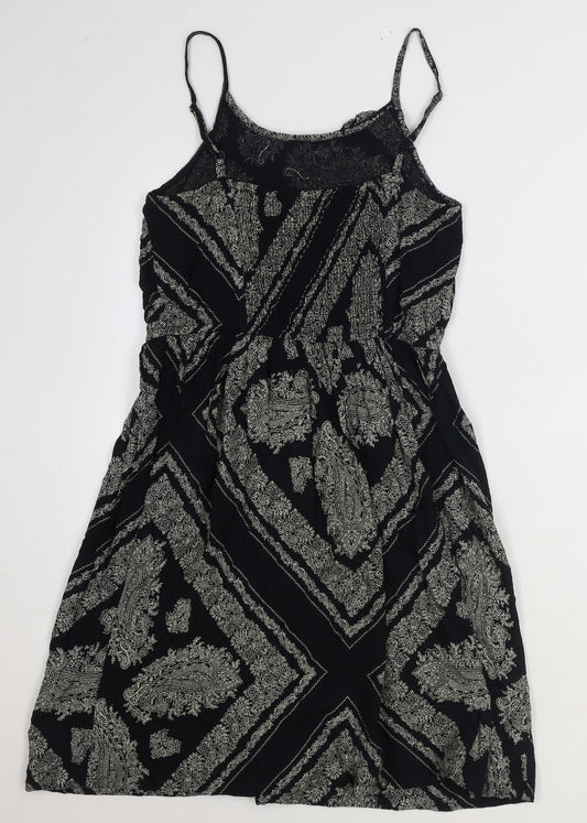 TU Womens Black Geometric Polyester Slip Dress Size 10 Scoop Neck Pullover - Shirred Back