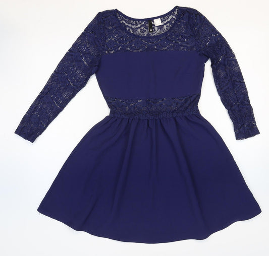 Divided Womens Blue Geometric Polyester Fit & Flare Size 10 Round Neck Pullover