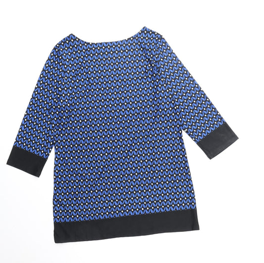 EWM Womens Blue Geometric Polyester Shift Size 16 Boat Neck Pullover