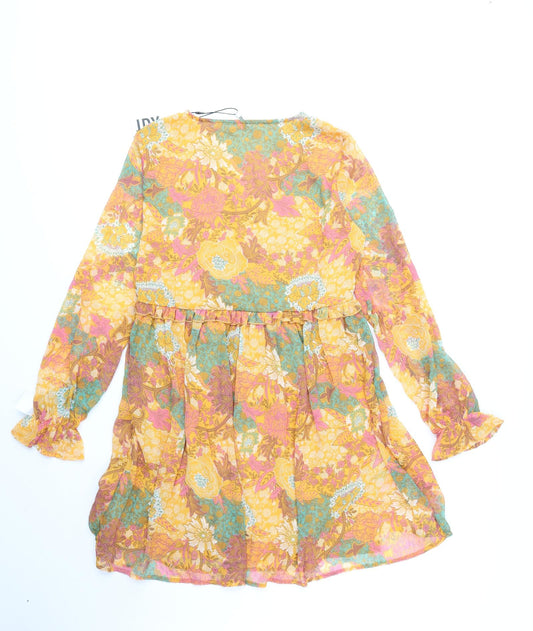 JDY Womens Orange Floral Polyester Skater Dress Size XS V-Neck Pullover