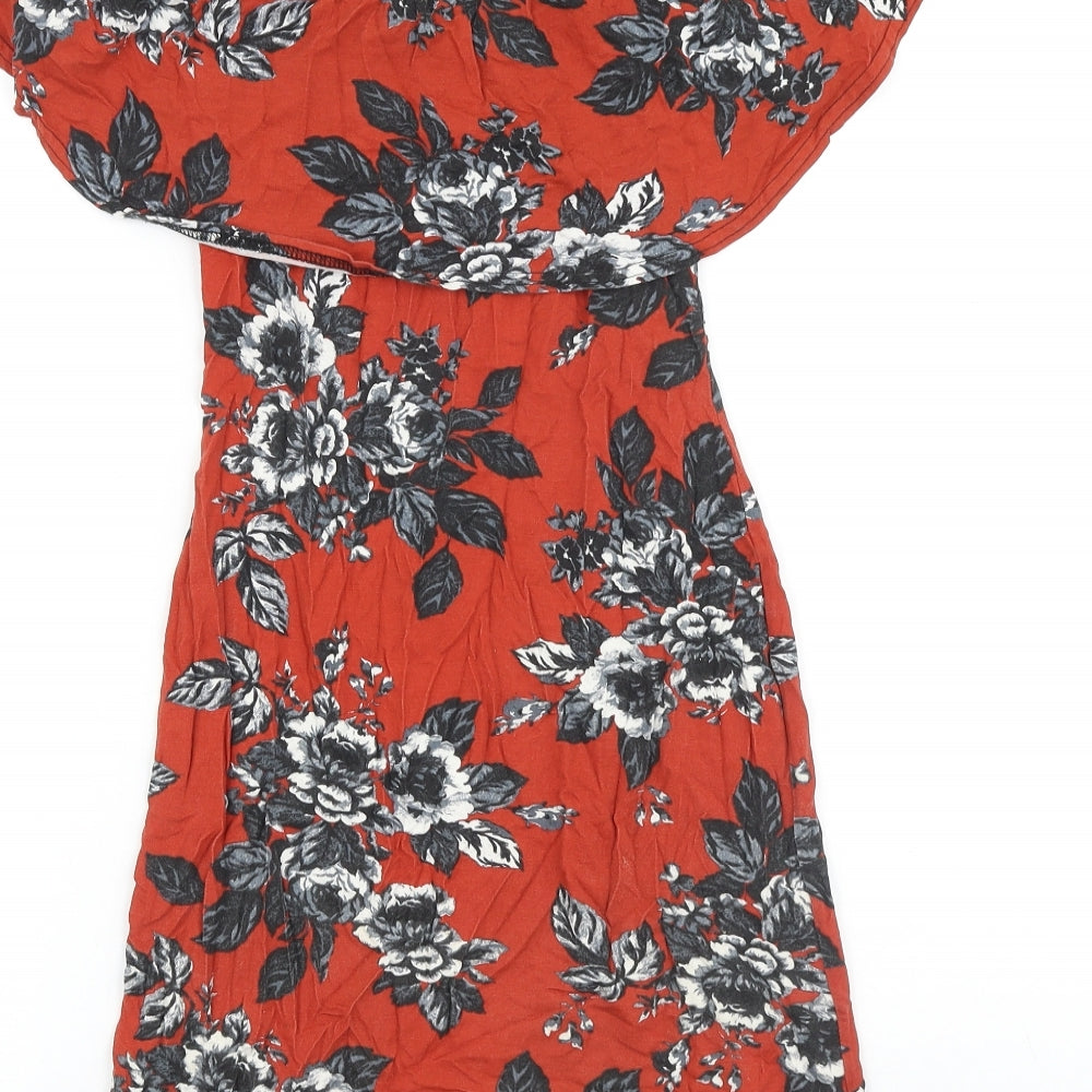 Miss Selfridge Womens Red Floral Cotton Mini Size 8 Off the Shoulder Pullover