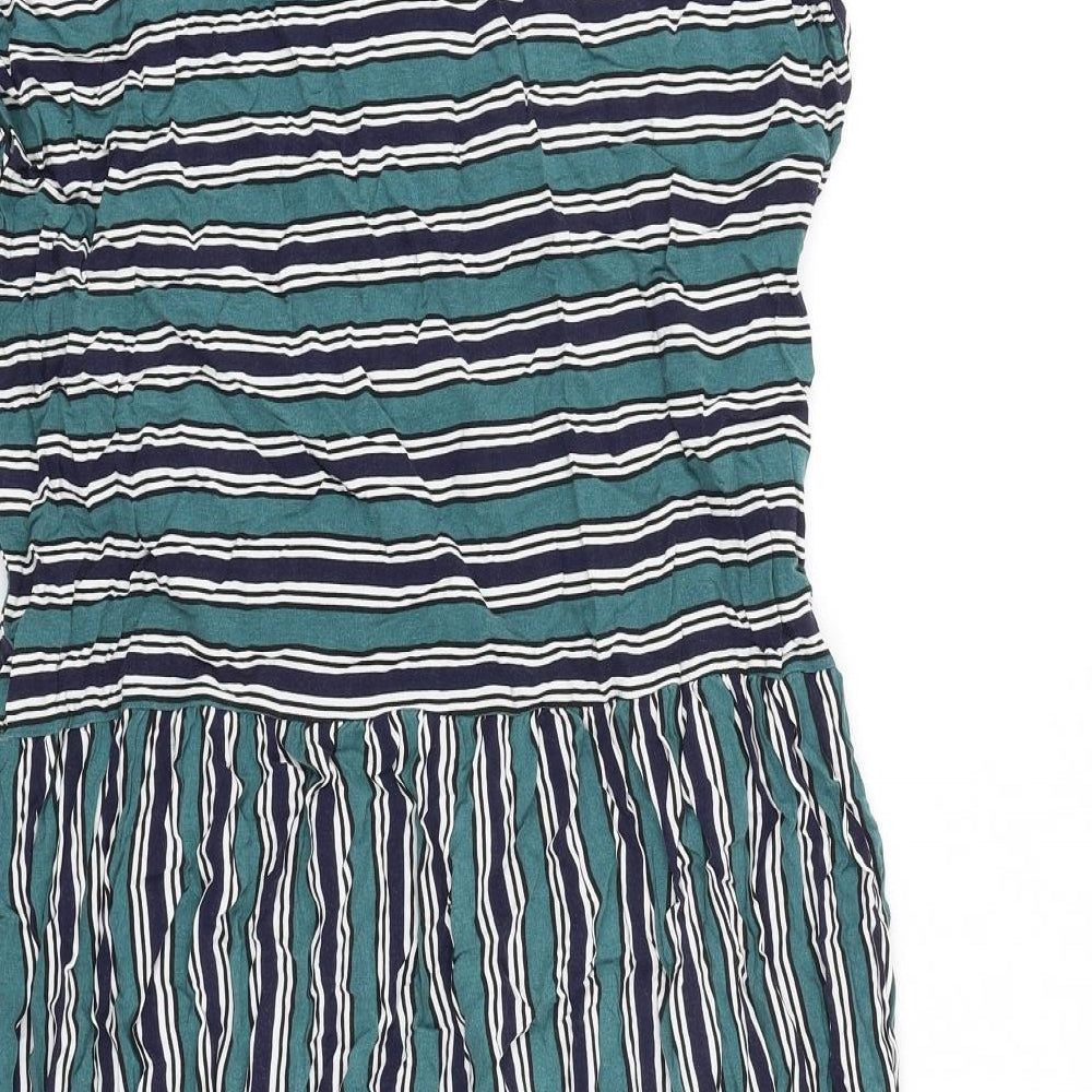 Indigo Blue Womens Green Striped 100% Cotton T-Shirt Dress Size S Boat Neck Pullover