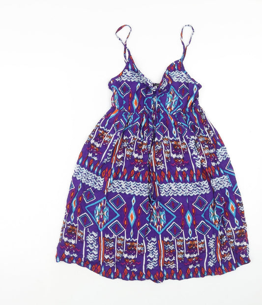 Dunnes Womens Purple Geometric Viscose Skater Dress Size 8 V-Neck Pullover