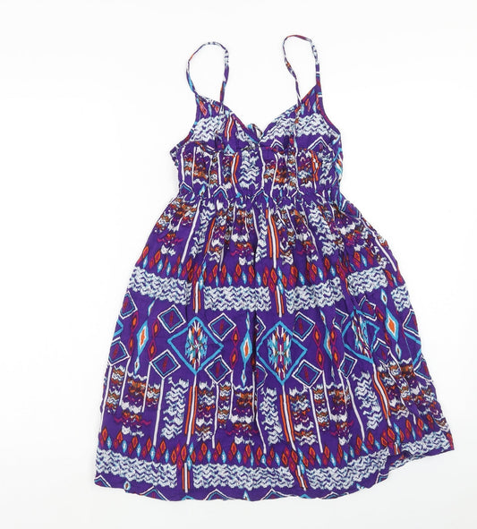 Dunnes Stores Womens Purple Geometric Viscose Skater Dress Size 8 V-Neck Pullover