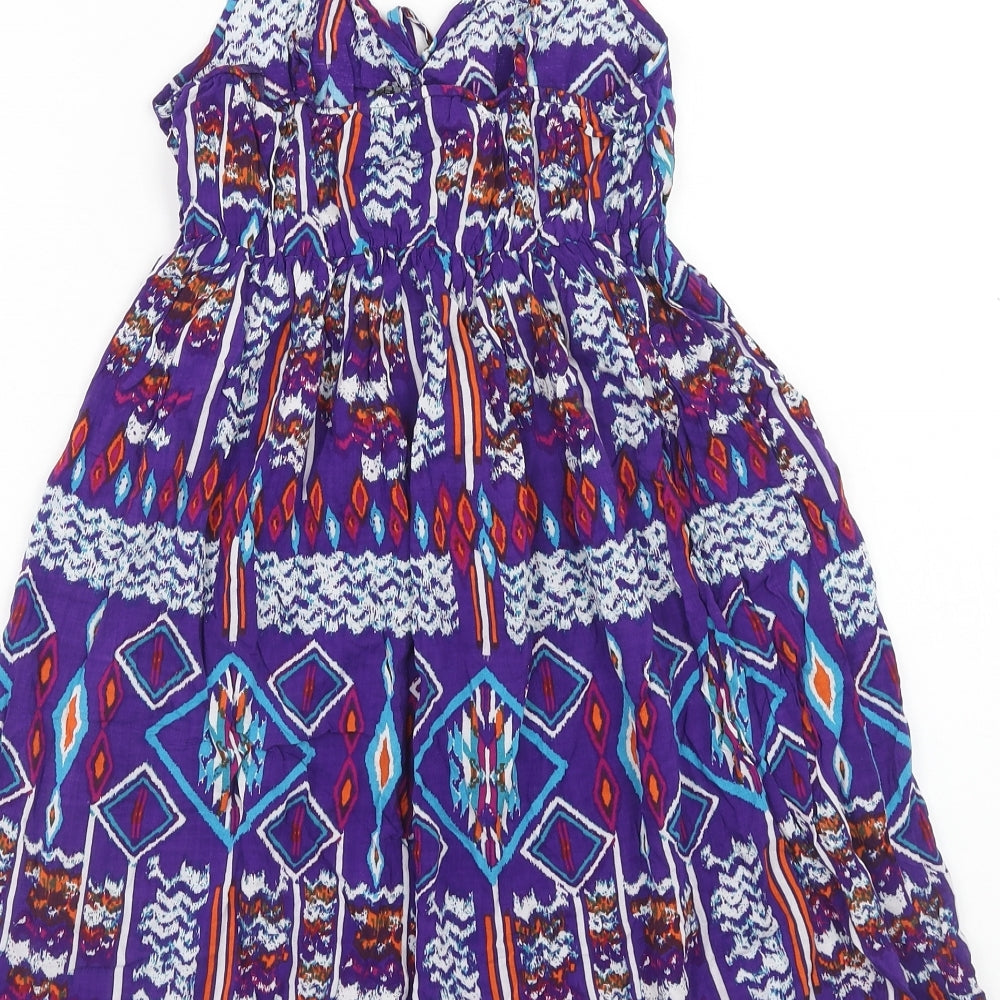 Dunnes Stores Womens Purple Geometric Viscose Skater Dress Size 8 V-Neck Pullover