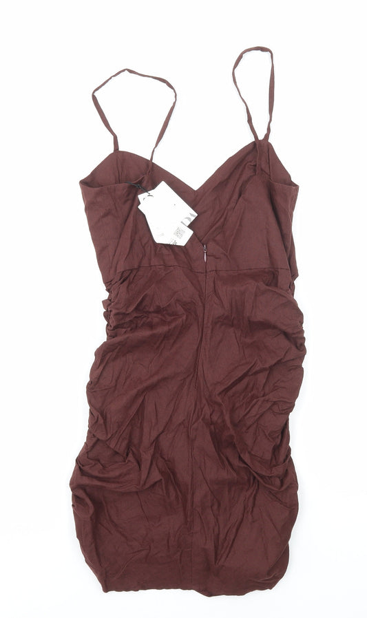 Zara Womens Brown Cotton Bodycon Size S Sweetheart Zip