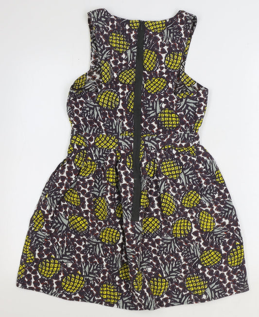Topshop Womens Brown Geometric 100% Cotton Mini Size 10 Boat Neck Zip - Pineapple Print