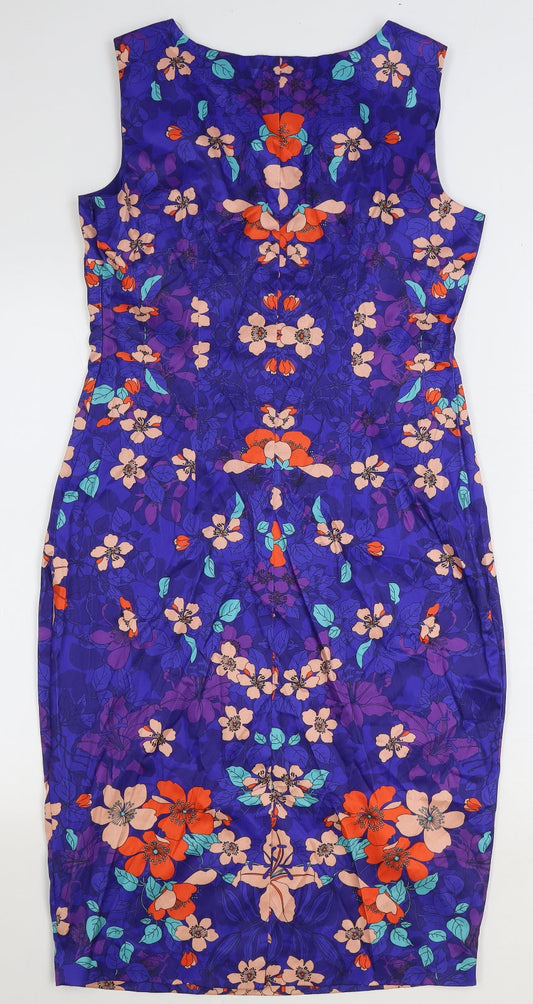 F&F Womens Blue Floral Polyester Pencil Dress Size 10 Boat Neck Zip