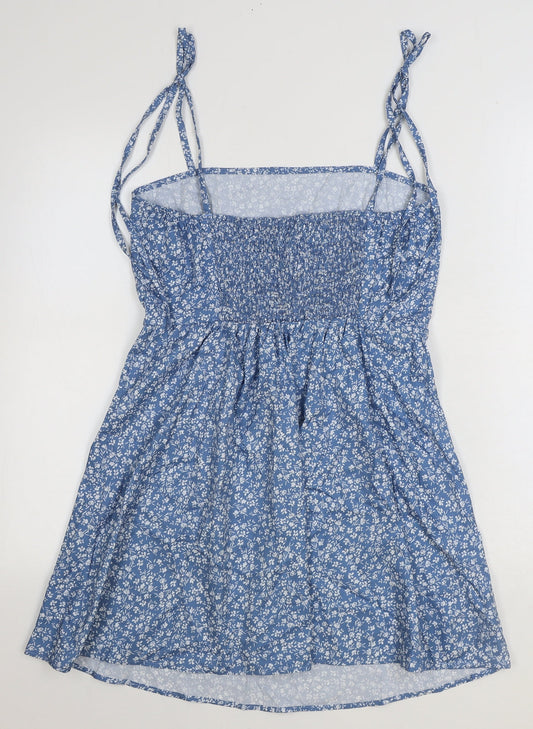 SheIn Womens Blue Floral Polyester Mini Size M Square Neck Pullover - Shirred Back