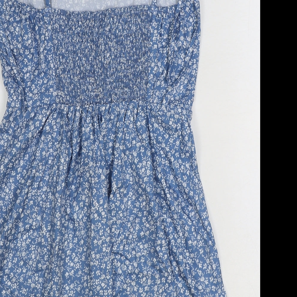 SheIn Womens Blue Floral Polyester Mini Size M Square Neck Pullover - Shirred Back