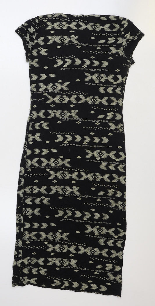 Primark Womens Black Geometric Polyester Pencil Dress Size 10 Boat Neck Pullover