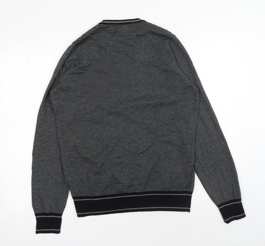 Marks and Spencer Mens Black V-Neck Striped Cotton Pullover Jumper Size S Long Sleeve