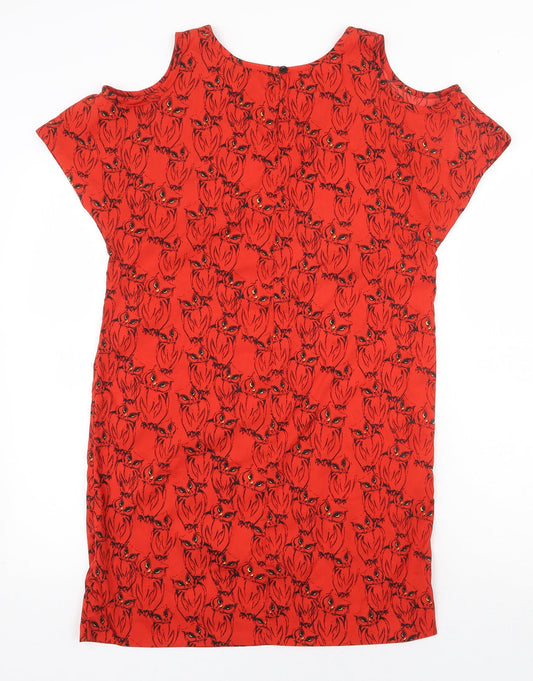 Atmosphere Womens Red Geometric Polyester T-Shirt Dress Size 8 Round Neck Button - Owl Pattern Cold Shoulder