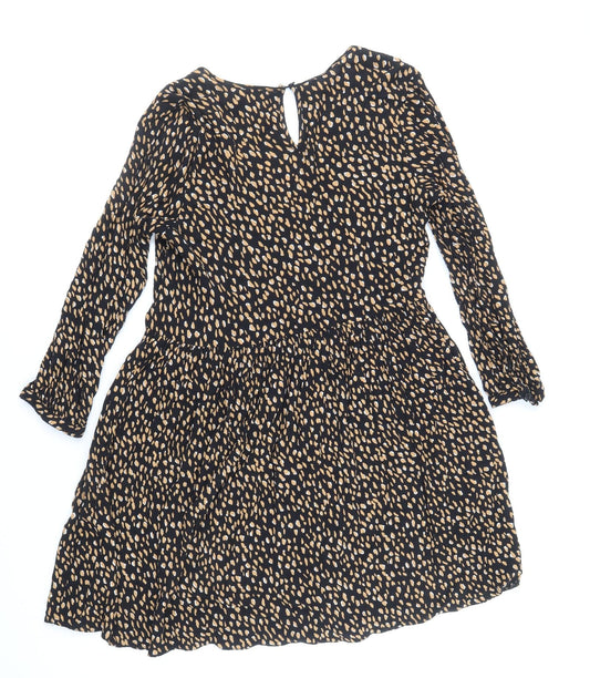 New Look Womens Black Animal Print Viscose Fit & Flare Size 12 V-Neck Button - Cheetah Print