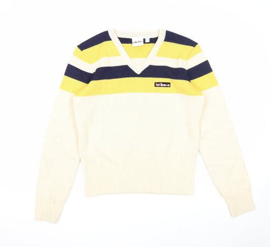 Ellesse Womens Beige V-Neck Striped Viscose Pullover Jumper Size 14
