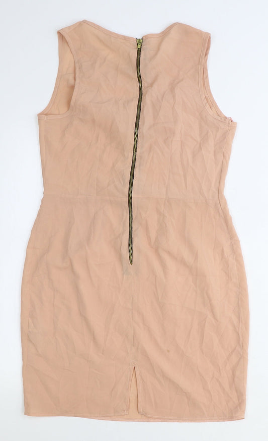 New Look Womens Pink Herringbone Polyester Pencil Dress Size 12 Boat Neck Zip - Pleat Detail